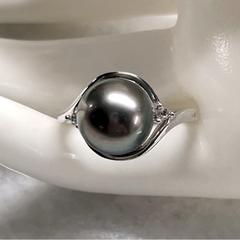 Tahitian Pearl White Zircon Accent Sterling Silver Ring Sz 8